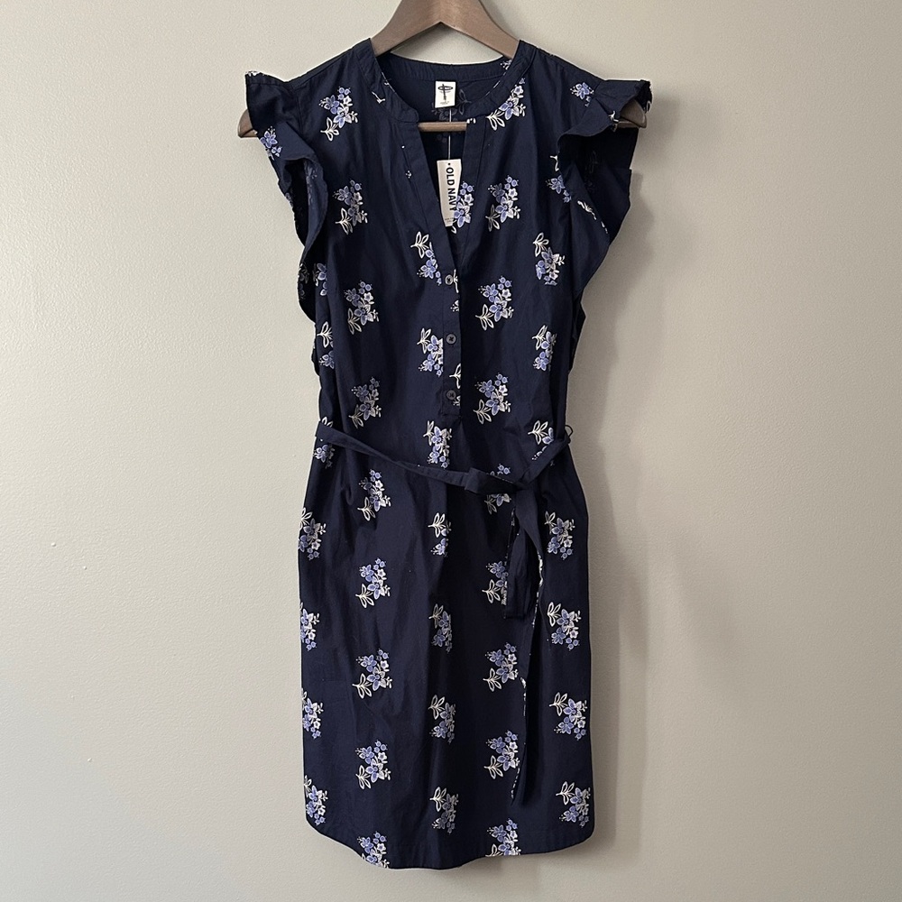 Old Navy Dark Blue Floral Ruffle Shoulder Dress NWT
